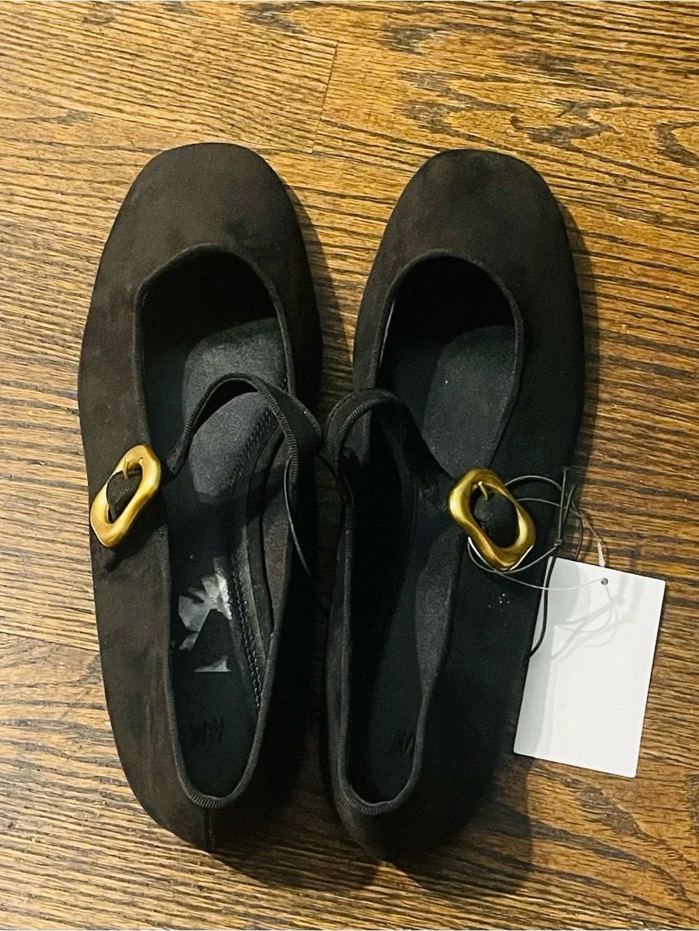 H&M Black Suede Mary Jane Flats with Gold Buckle size 11 NWT